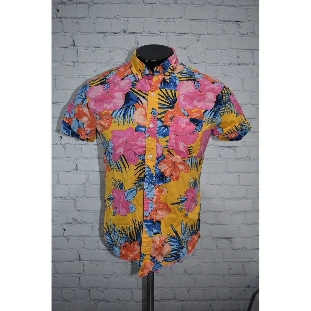 J.Crew Button Down Shirt Men Medium Yellow Pink Floral Slim Flex Washed Hawaiian